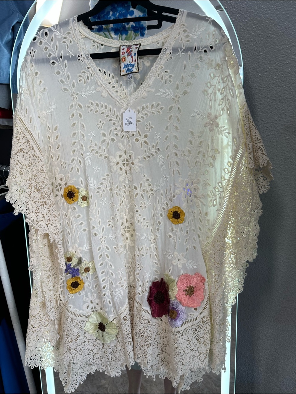 Johnny Was Cream Crochet Ferney Eyelet Pancho with Multicolor Floral Appliqués